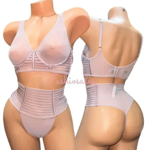 Victorias Secret LUXE Set Sexy Sheer Mesh Unlined Plunge bra & High Waist Thong
